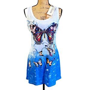 Monte Cervino Women's  Blue Butterfly Print Mini Lace Back Dress Tunic Sz L/XL